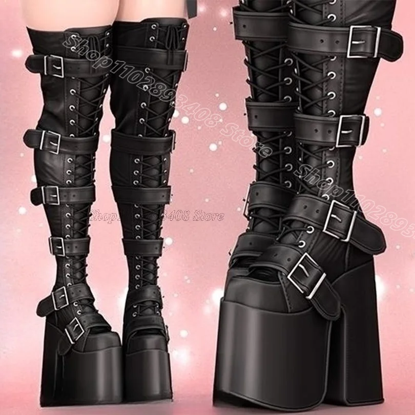 Black Buckle Platform Personality Boots Chunky Heels Round Toe Fashion Punk Style Women Dress Casual Boots Zapatos Para Mujere