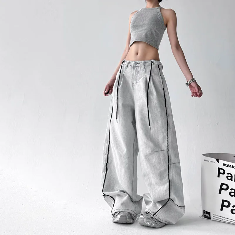 Korean High Street Hip-Hop Wide Leg Pants Women'S Jeans Striped Color Blocked Casual High Waisted Loose Straight Leg Pants