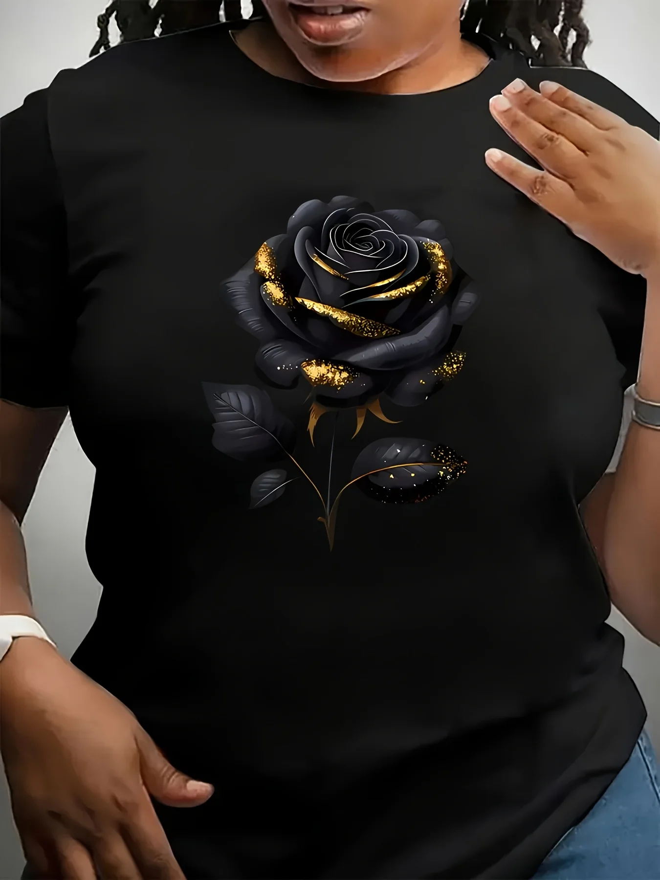 Women's Plus Size Oversized Black T-Shirt with Elegant Rose Print Fashion Harajuku Kawaii T-shirt Women's Y2K Clothing view 3
