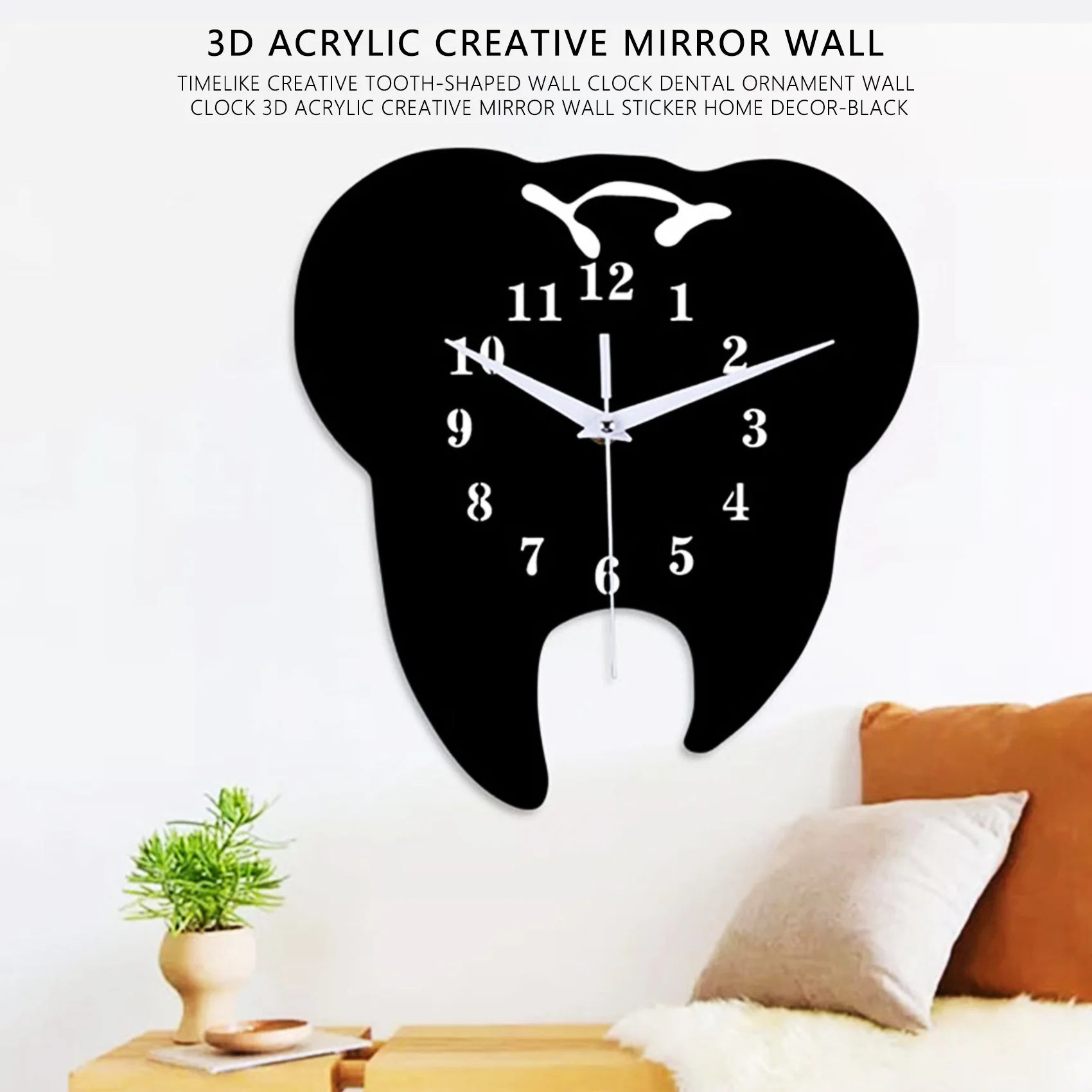 Timelike Creative Tooth-Shaped Wall Clock Dental Ornament Wall Clock 3D Acrylic Creative Mirror Wall Sticker Home Decor-Black
