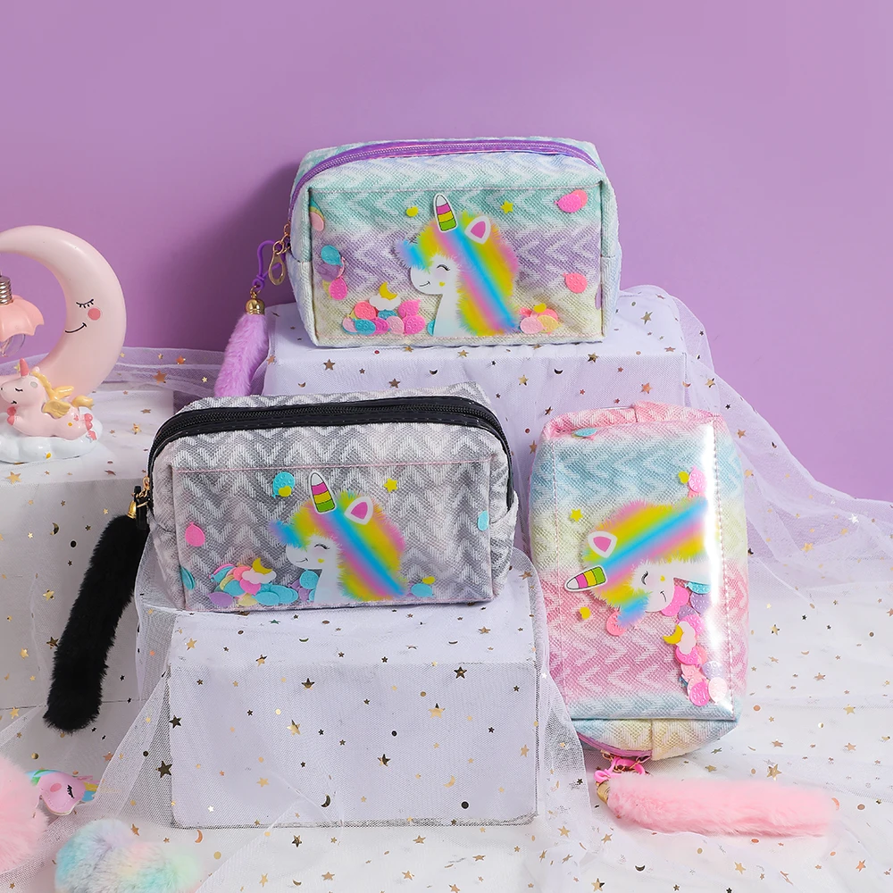 Cute Colorful Unicorn Makeup Bag Girls Large Capacity PVC Transparent Square Unicorn Handheld Bag Children Storage Bag Gifts