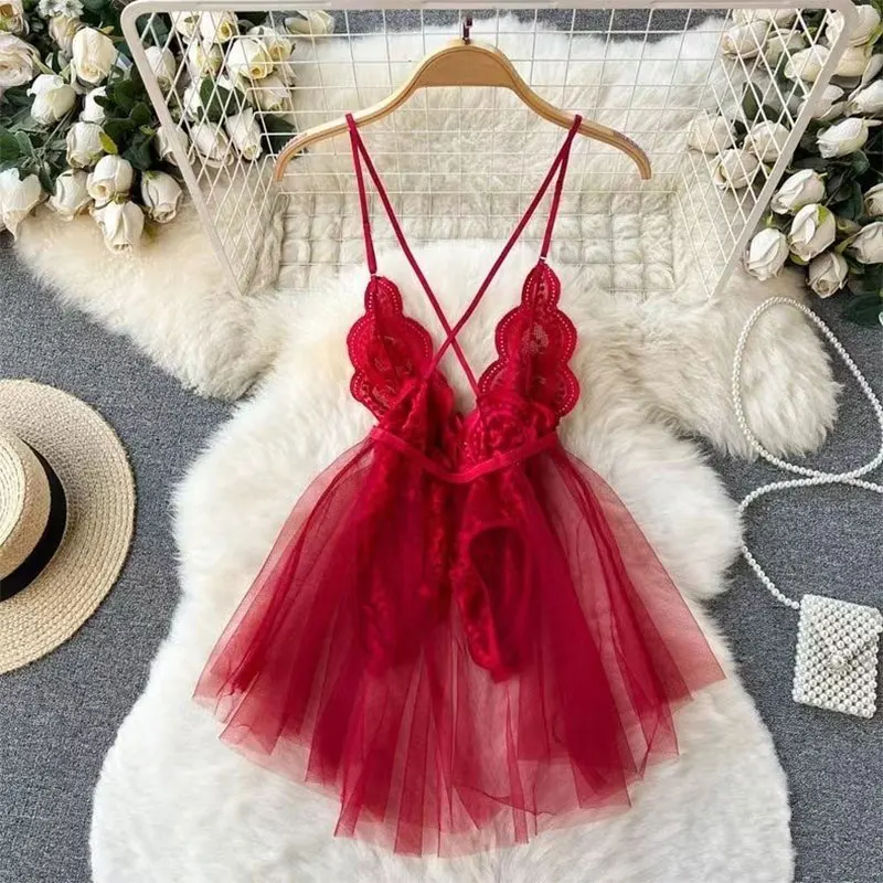 Lencería de corte bajo ajustada de malla transparente, minivestido Sexy, conjunto de lencería caliente, mono erótico sin entrepierna para adultos, conjunto de lencería con Tanga