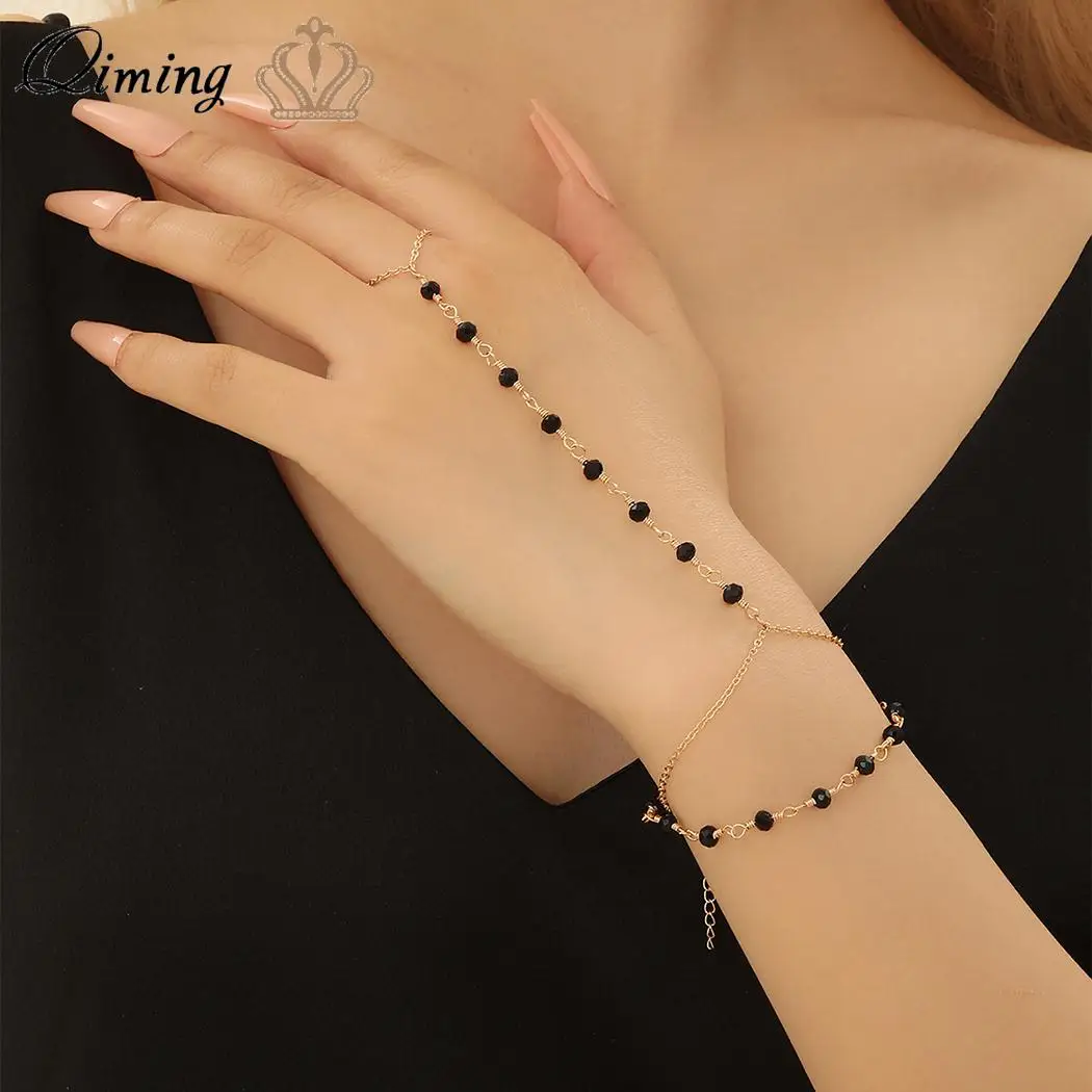 QIMING Black Beads Link Chain Bracelet Women Connected Finger Ring Bracelets Vintage Jewelry Wedding Summer Gifts