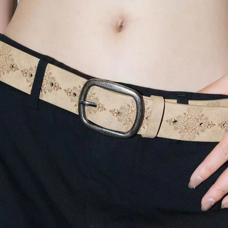 New Style Distressed Vintage Color-Changing Botanical Embossed Antique Silver Oval Buckle Simple & Versatile Belt