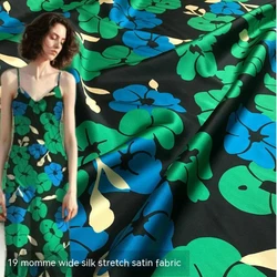 Hand Painted Blue Green Leaf Printed Pattern on Real Silk Fabric Brand High Quality Stretch Satin Mulberry Silk Clothing Fabric