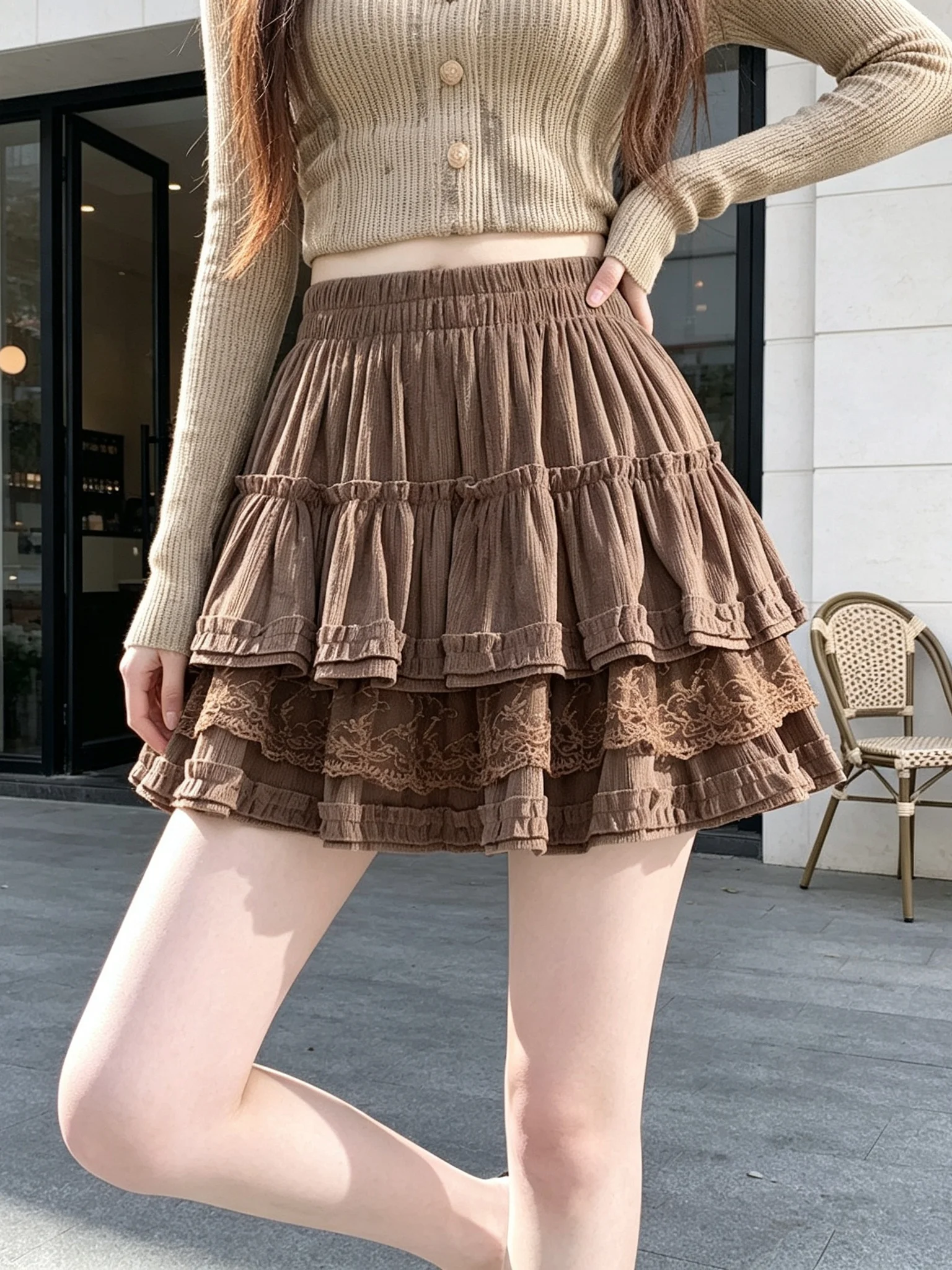Café Brown Lace Mesh Cake Short Skirt Women's Autumn New Sweet Spicy Girl Super Beautiful Lovely Puffy Half Skirt