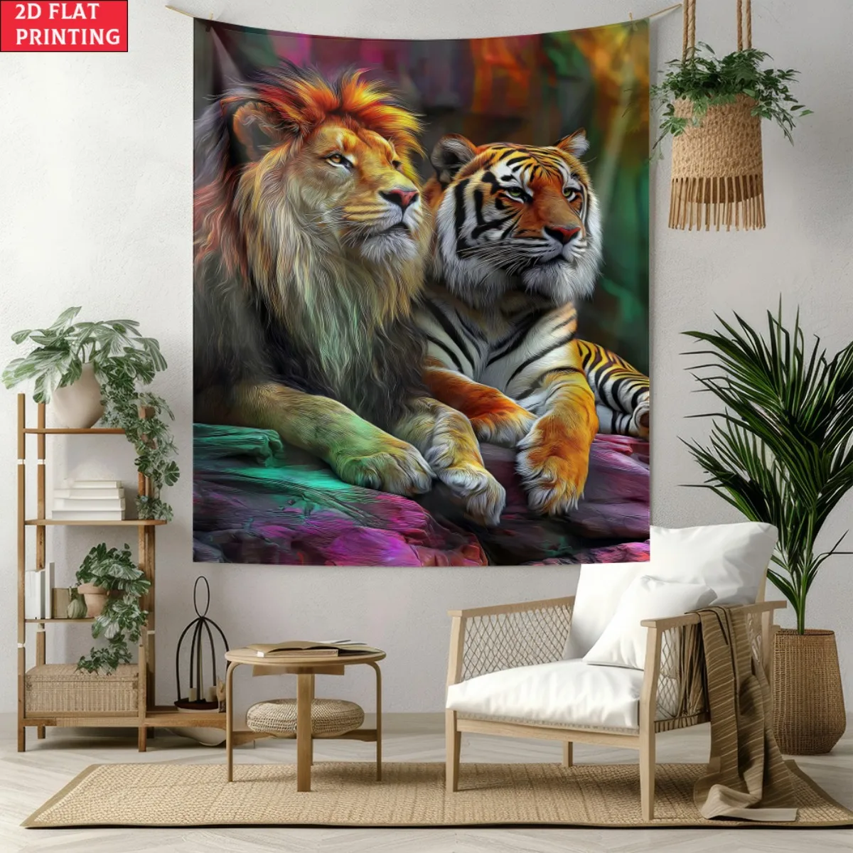 Vibrant Lion Tiger Portrait Tapestry, Colorful Big Cats on Rock Wall Art, Man Cave Living Room Decor suitable offices bars party