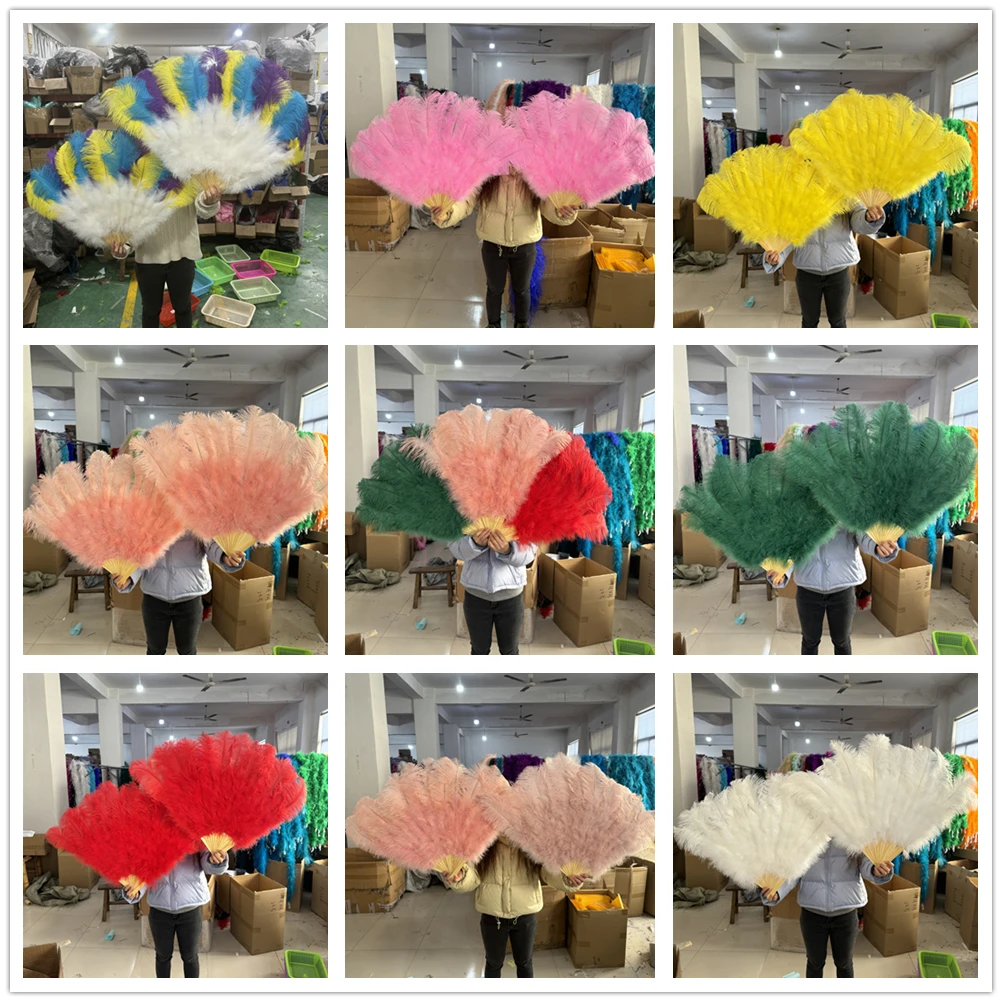 

Multicolors Ostrich Feathers Fans 13 Bars Fluffy Plumes Folding Fan for Carnival Party Stage Opera Holding Props Decor Accessory