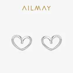 Ailmay Genuine 925 Sterling Silver Simple Romantic Heart Design Stud Earrings For Women Wedding Statement Fine Silver Jewelry
