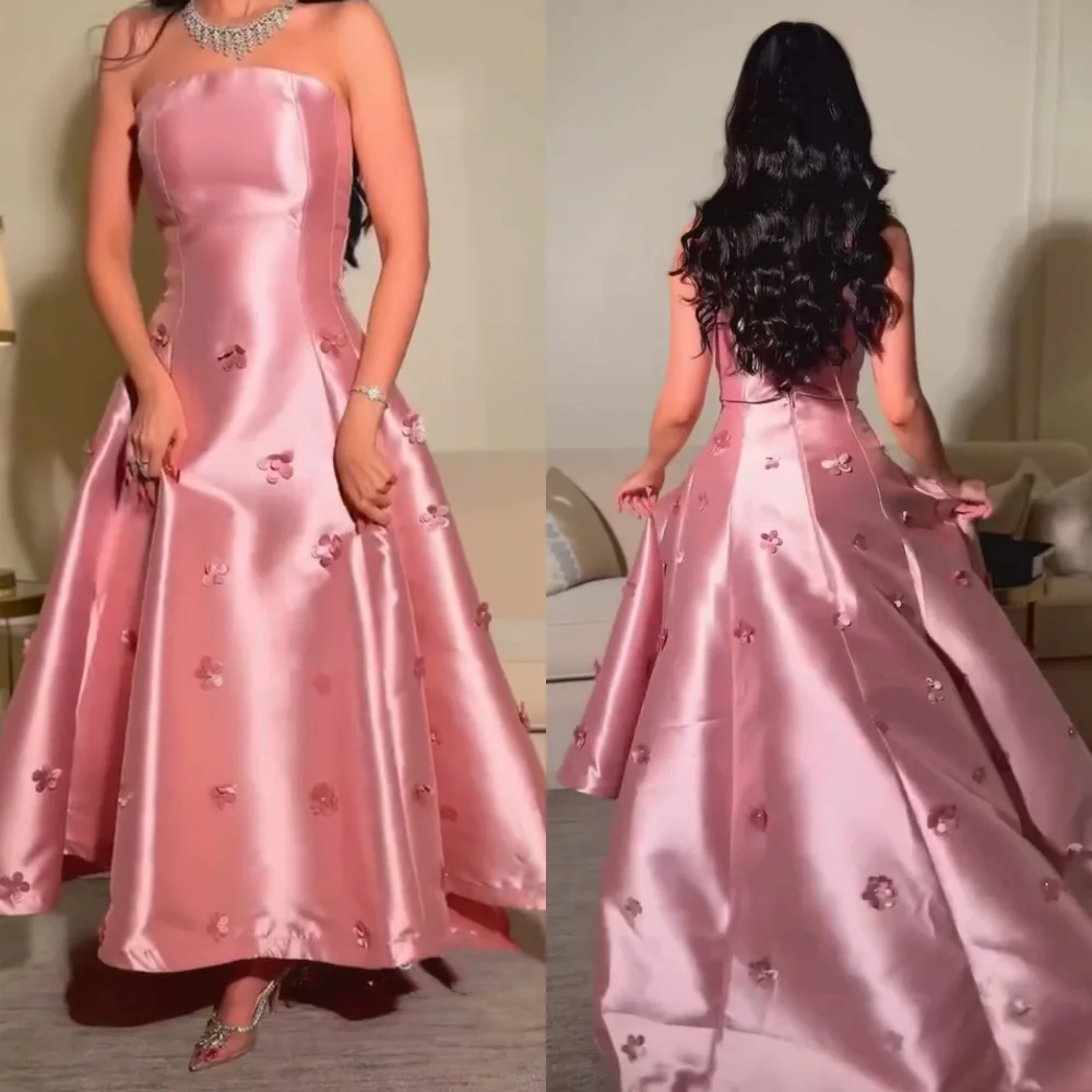 

Customized Matching Charmeuse Pleat Applique A-line Strapless Long Dresses Bespoke Occasion Celebrity Exquisite