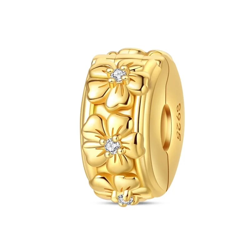 

925 Sterling Silver Charms Beads CZ Zircon Golden Flower Safety Fixed Clip Fit DIY Original Bracelet Women Jewelry