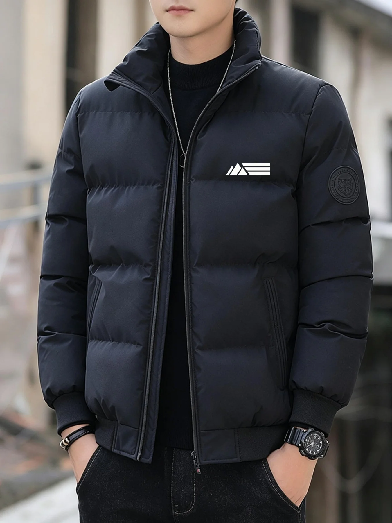 Men's Stand Collar Cotton‑Padded Jacket, Winter Thick Warm Coat, Windproof Cold‑Resistant Short Casual Zip‑Up Outerwear for Outd