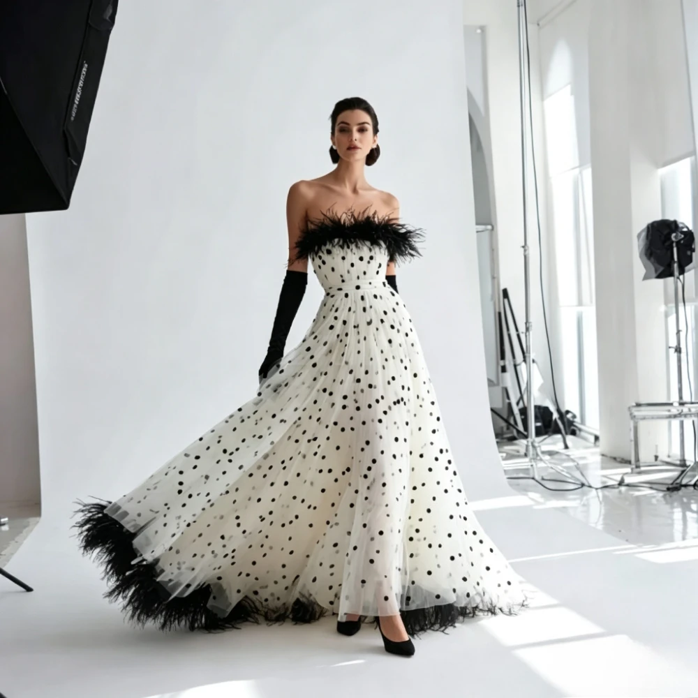 Customized Off Shoulder Polka Dot Tulle Evening Dress Black Feather Trim A‑Line Formal Party Gowns Long Prom Dresses for Women