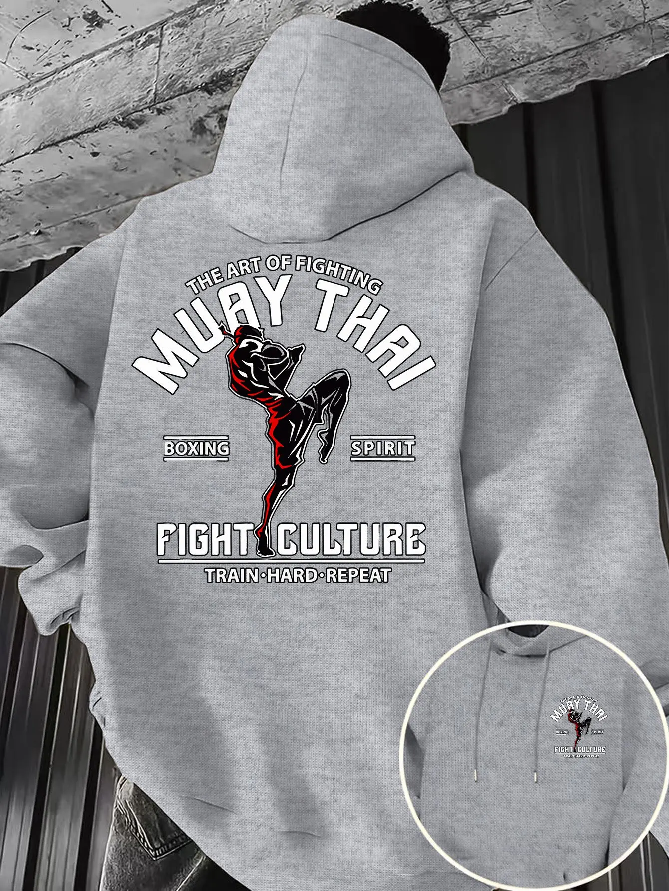 Muay Thai sport men's hooded sweatshirt with martial arts character silhouette print, kangaroo pocket pullover hoodie shirt