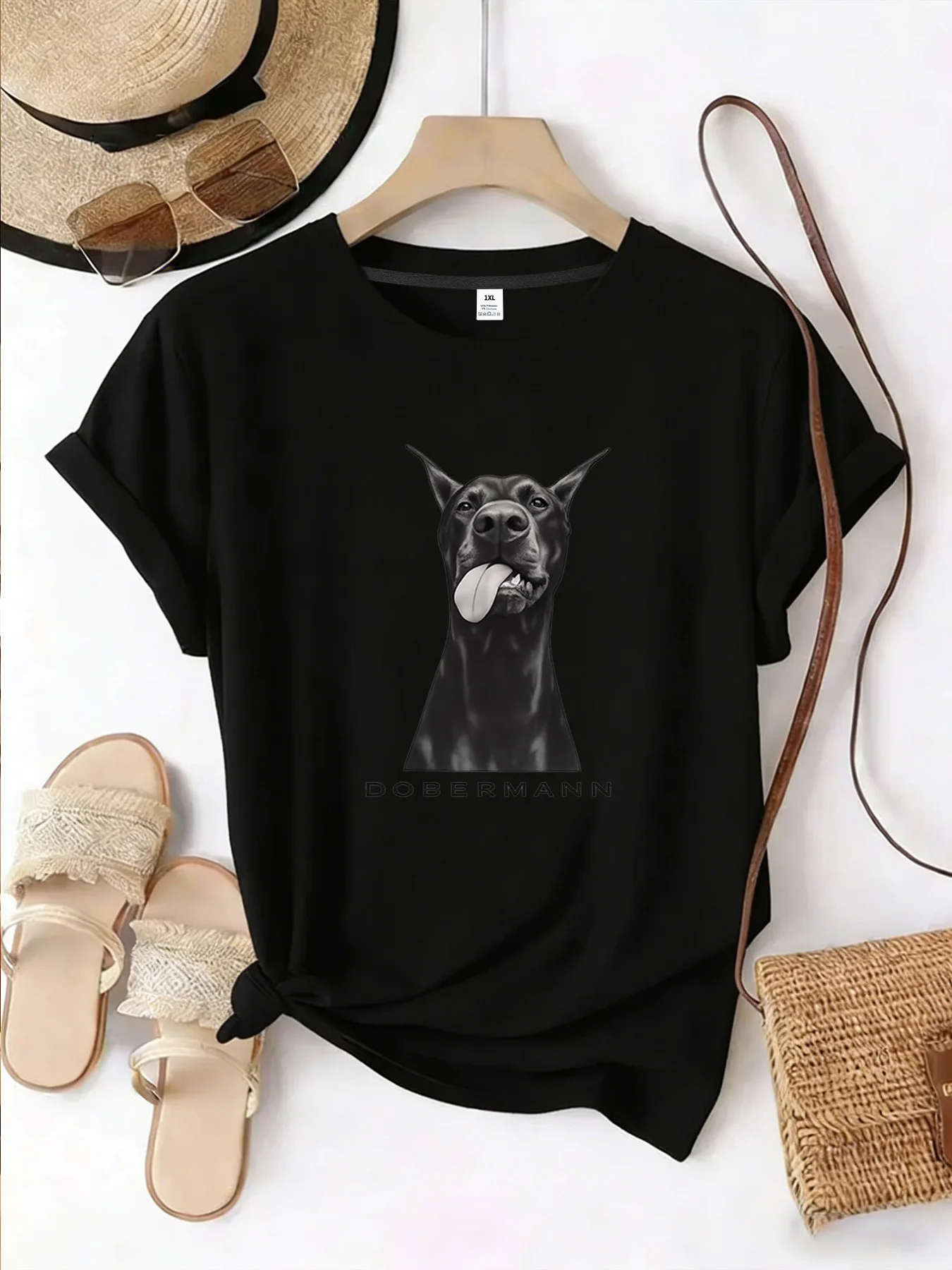 

【YJ00046】Little dog Plus size women's round neck short sleeve T-shirt with elastic half sleeves and trendy prints