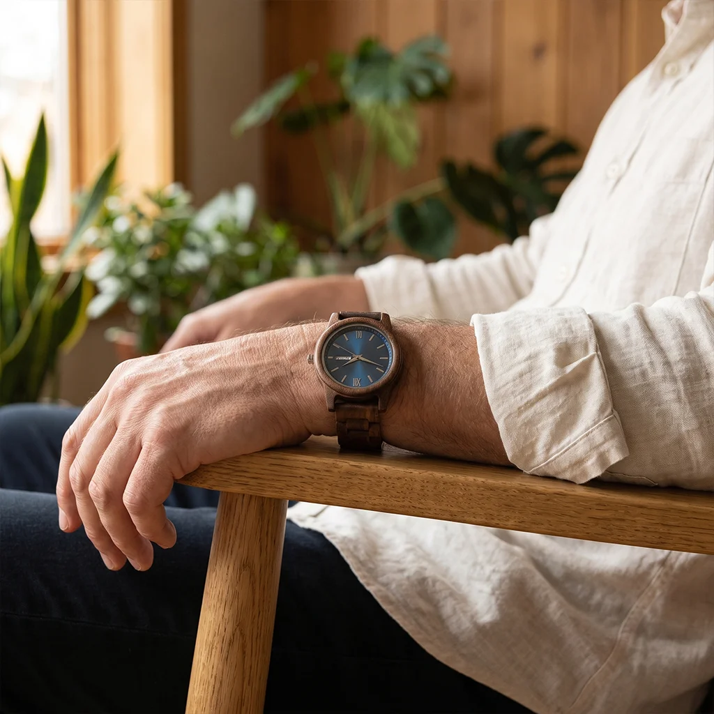 Men's Wooden Quartz Wristwatch with Date and Week Display description 1