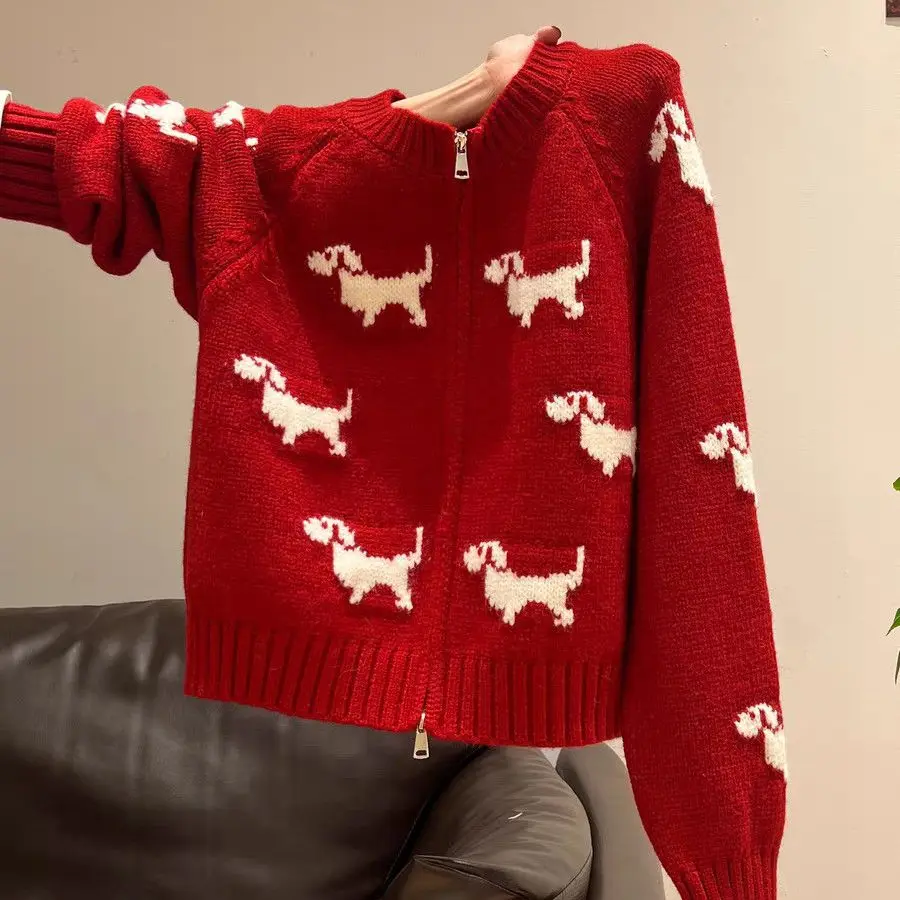 Red Christmas vibe puppy zipper long-sleeved knitted sweater cardigan jacket bottoming shirt autumn and winter top women