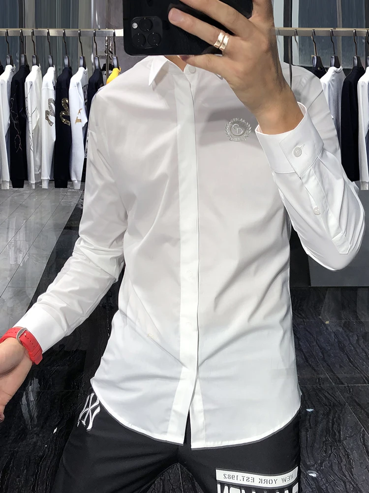 Heren Lange Sve Geborduurde Slim Fit irt Faionable Luxe Werkkleding Busin irt Kleur Geweven Stof Puntige Kraag