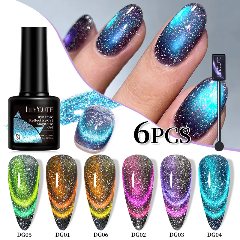 

LILYCUTE 6 шт./компл. 7 мл динамический светоотражающий магнитный гель-лак для ногтей с изображением кота с бесплатным магнитом сверкающий набор для дизайна ногтей Soak Off UV Gel