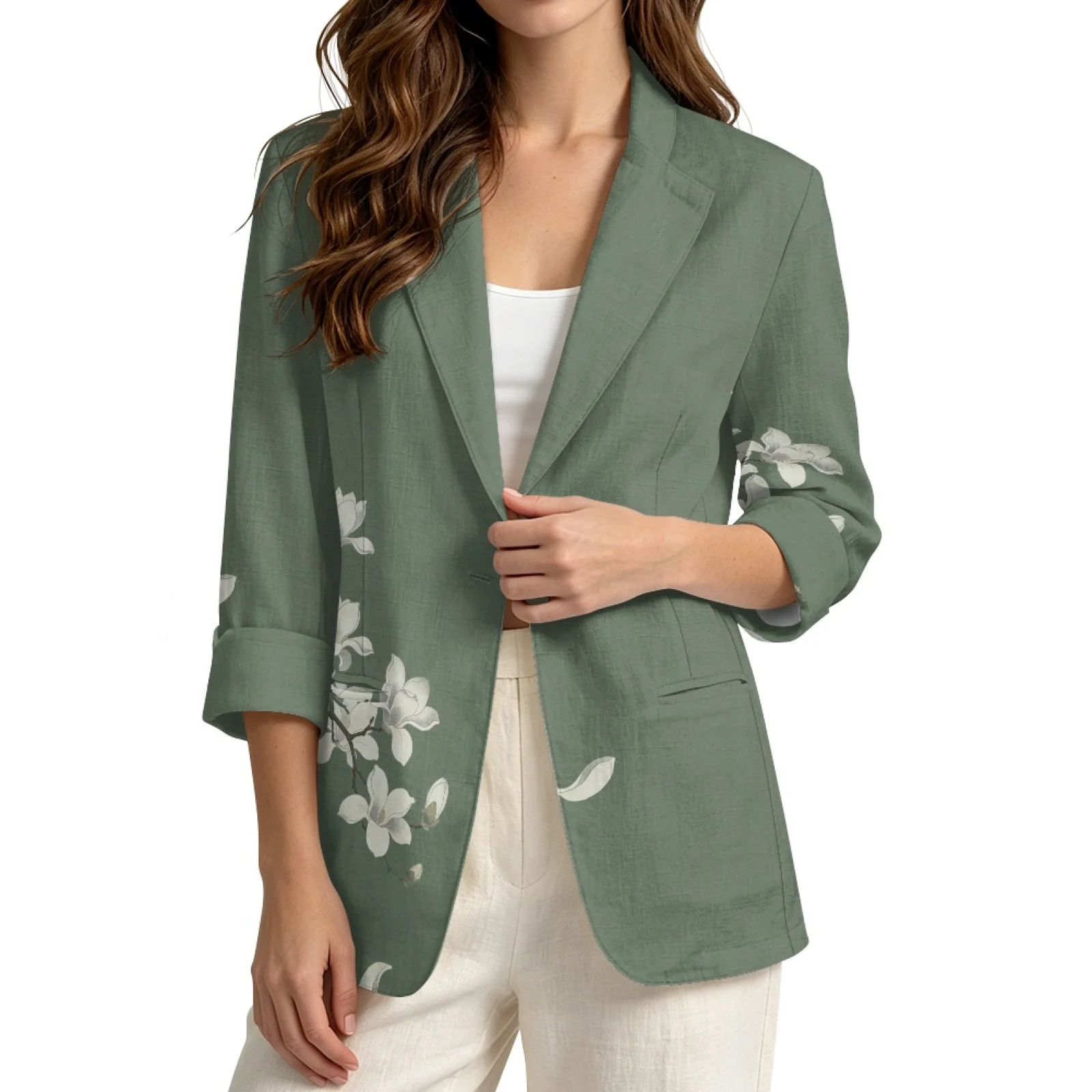 PENSTROLL Green Floral Linen Style Open Cardigan Beach Cover Ups for Women Soft Cover Up Cardigans