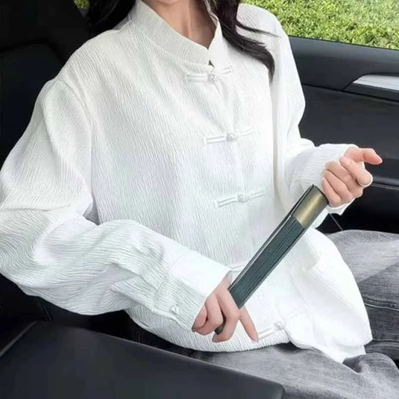 Men Women Mandarin Collar Frog Button Crinkle Fabric Loose Long Sleeve Casual Outer Oversize Blouse New Chinese Style Shirt