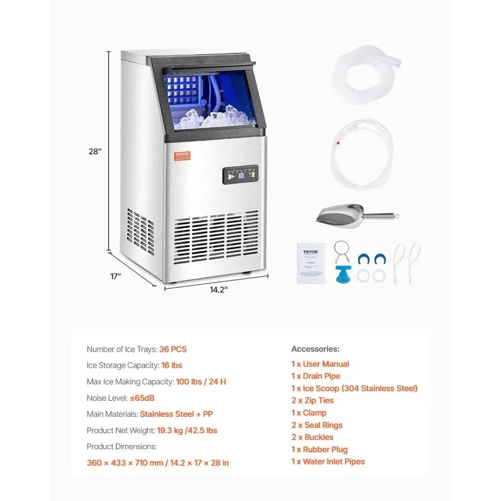 Freestanding Commercial Ice Maker 100lbs Daily Production 36 Cube Capacity High Efficiency Machine