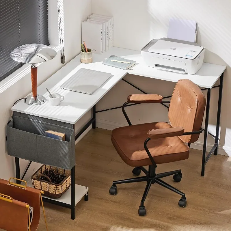 L Shaped Computer Desk Wood Corner PC Gaming Table with Side Storage Bag for Home Office Small Spaces