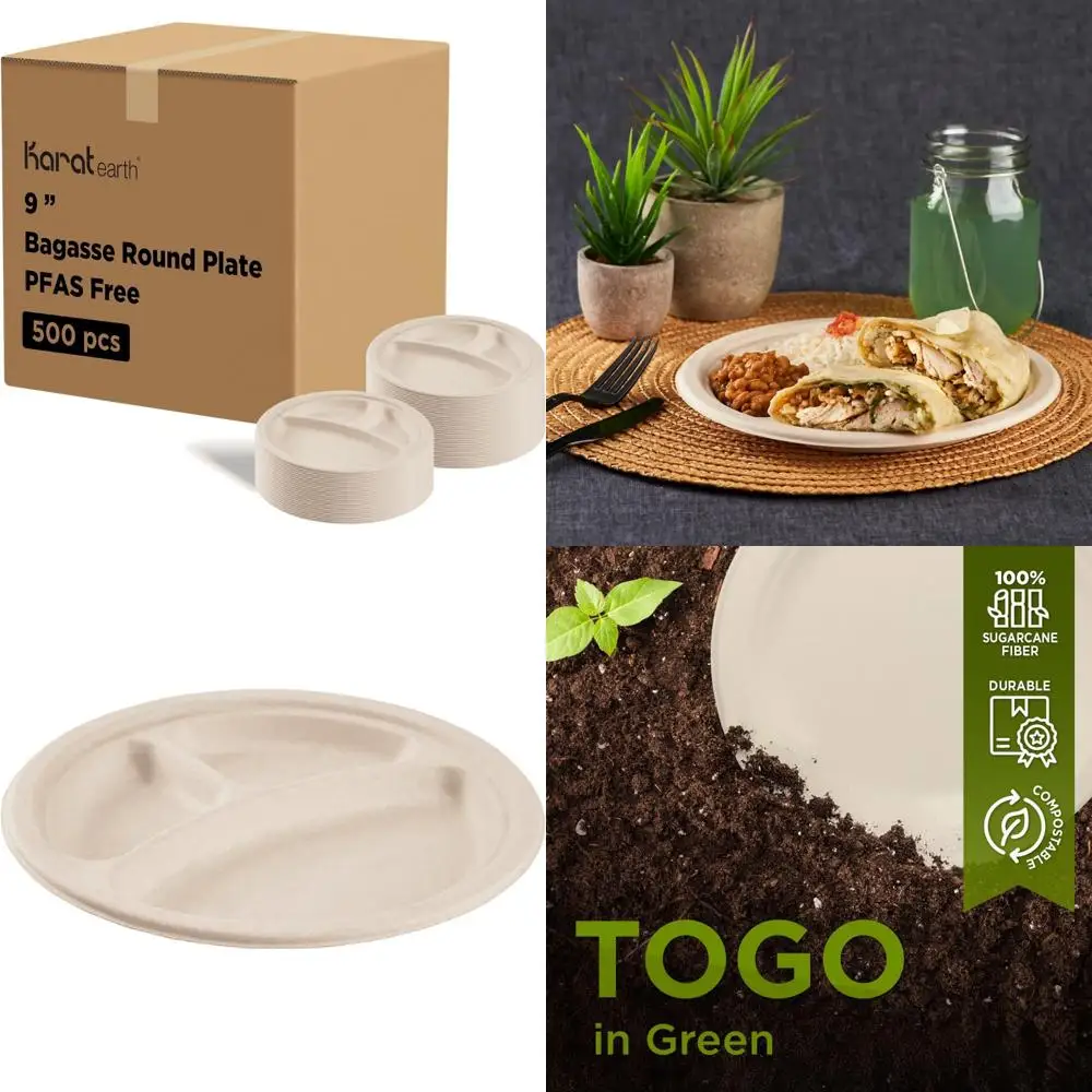 

Eco-Friendly Compostable 9-Inch 3-Compartment Plates, Biodegradable, Natural, Microwave Safe, PFAS-Free, Case of 5