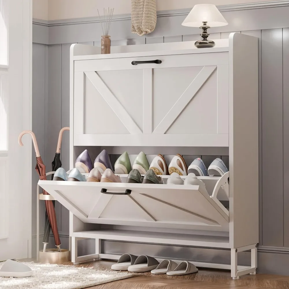 

Storage Cabinet for Entryway, Hidden Shoe Cabinet with 2 Flip Drawers, Narrow Organizer Rack Cabinet with Metal