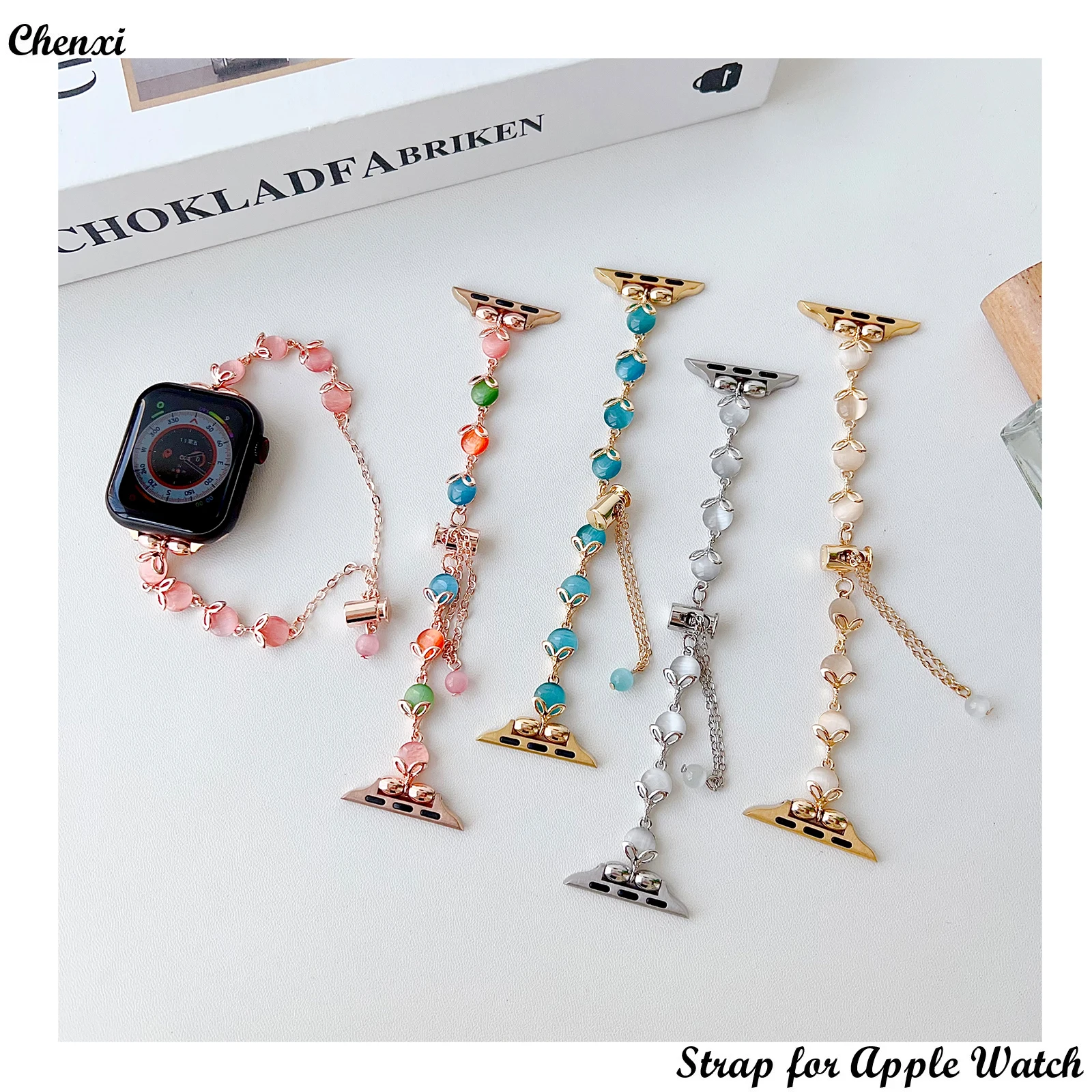 

Jewelry Strap for Apple Watch Band Metal Stretch Bracelet Chain Iwatch987654SE Ultra Sweet Opal Bead with Series40 41 44 45 49mm