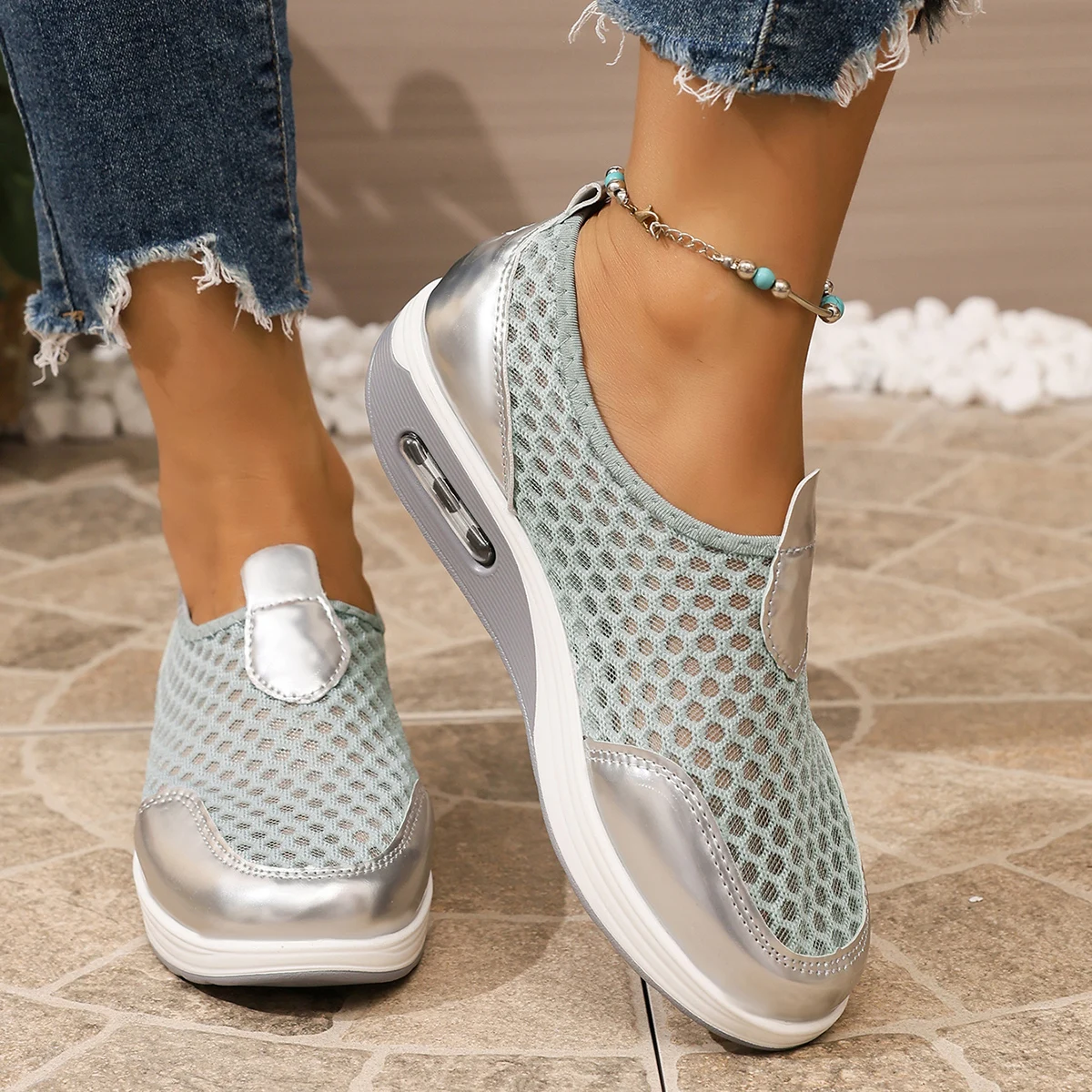 Women Mesh Slip On Air Cushion Platform Rocking Shoes Breathable Walking Casual Sneakers