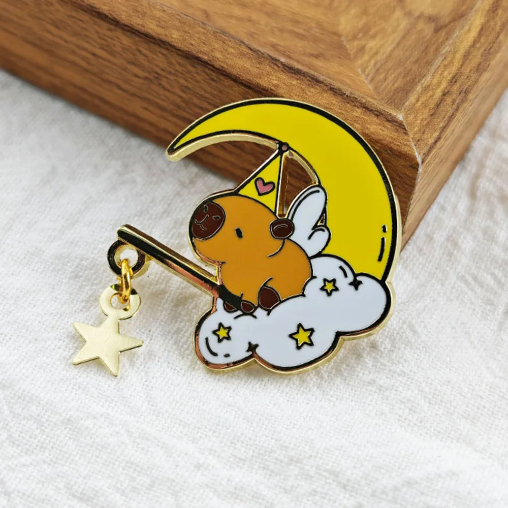 Cute Capybara Enamel Pin Moon Star Cloud Brooch Kawaii Angel Animal Badge Funny Meme Backpack Clothes Jewelry Gift for Friends