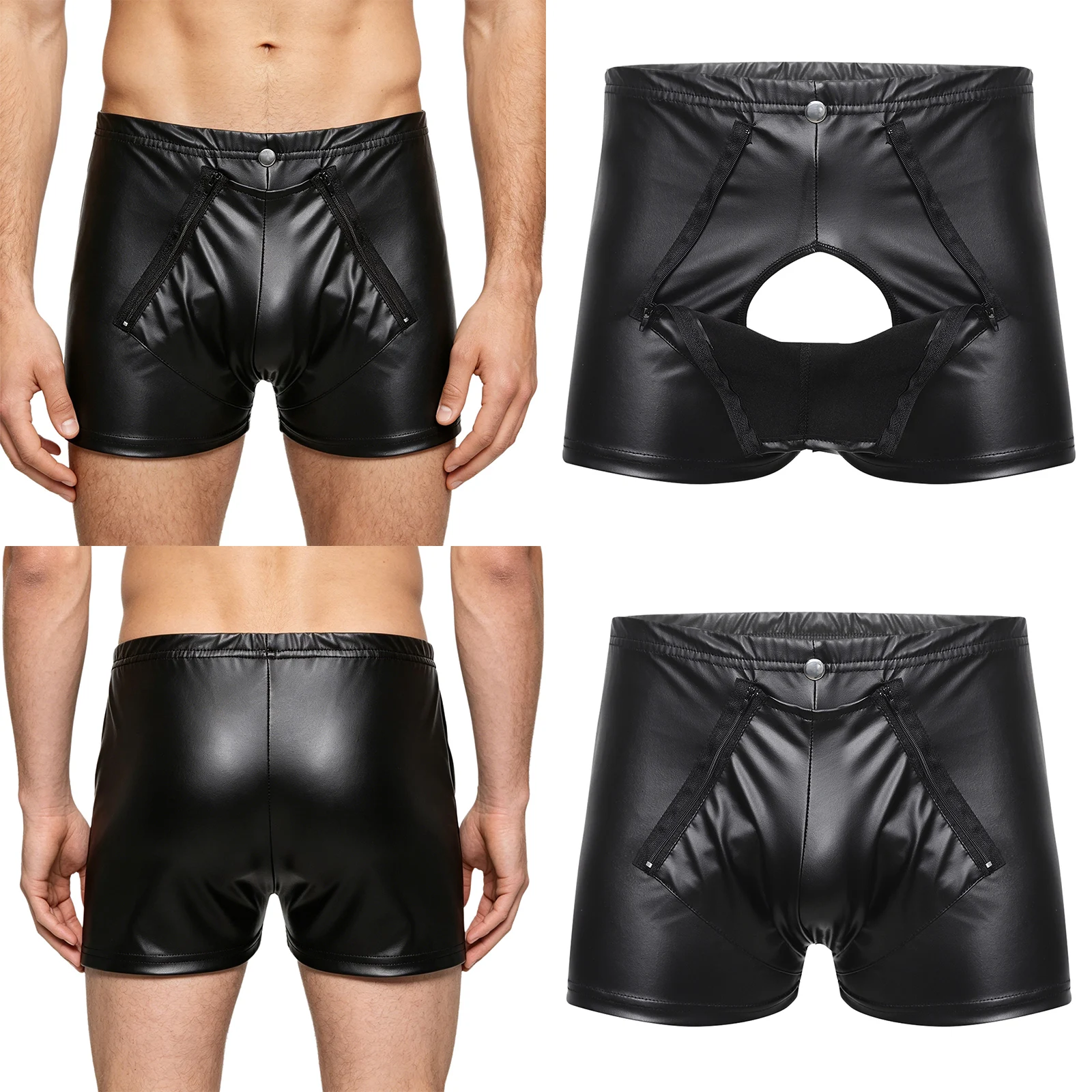 

Mens Faux Leather Boxer Shorts Underwear Sides Zipper Openable Crotch Elastic Waistband Matte Nightwear Clubwear for Rave Party
