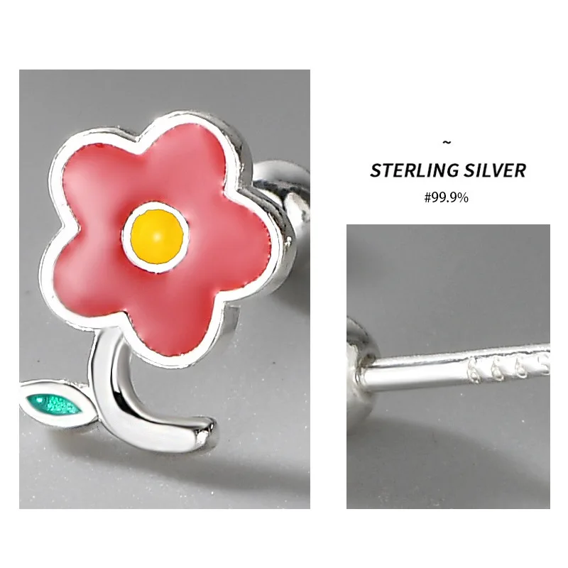 925 Sterling Silver Small Red Flower Stud Earrings for Girls Fresh Pastoral Style Forest Series Earring Ladies Piercing Jewelry