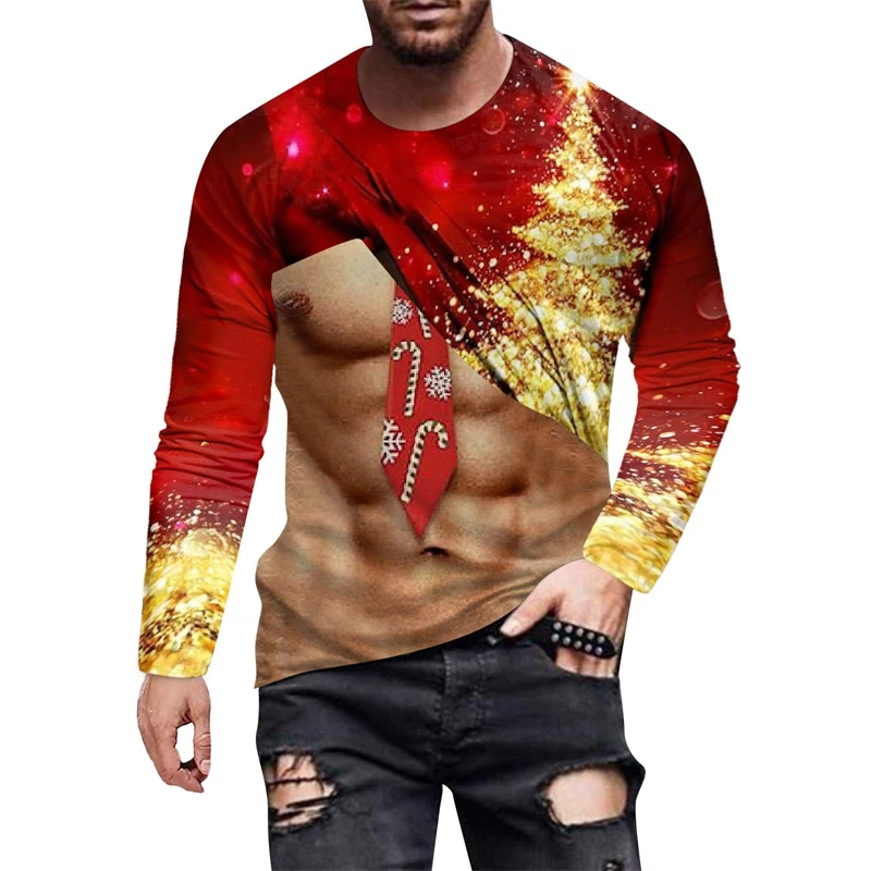 2025 Male Christmas T Shirt 3D Pullover Crew Neck Autumn Long Sleeve T-Shirt Funny Muscle Print Men'S Party Tops Kids Clothing 