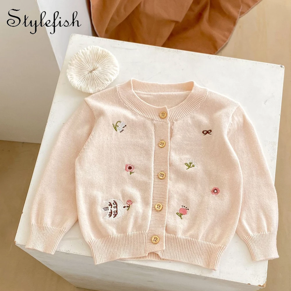 New Fashion Summer Baby Girl Embroidered Round Neck Knitted Air Conditioning Shirt Cute Pattern Gentle Cardigan