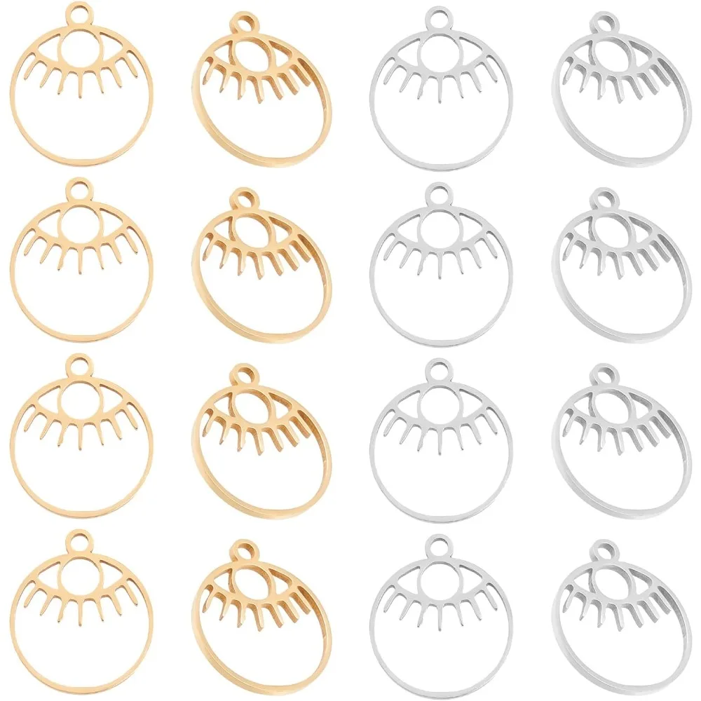 

16pcs 2 Colors 14.5mm Flat Round Eye Charms 304 Stainless Steel Eye Charms Hollow Eye Charms Hypoallergenic Laser Cut