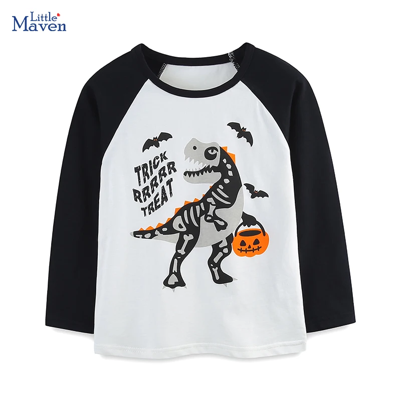 Little Maven Children's Clothing 2026 Autumn Halloween Pumpkin Dinosaur Skeleton T-shirt Cotton Tops Baby Boys Kids Clothes