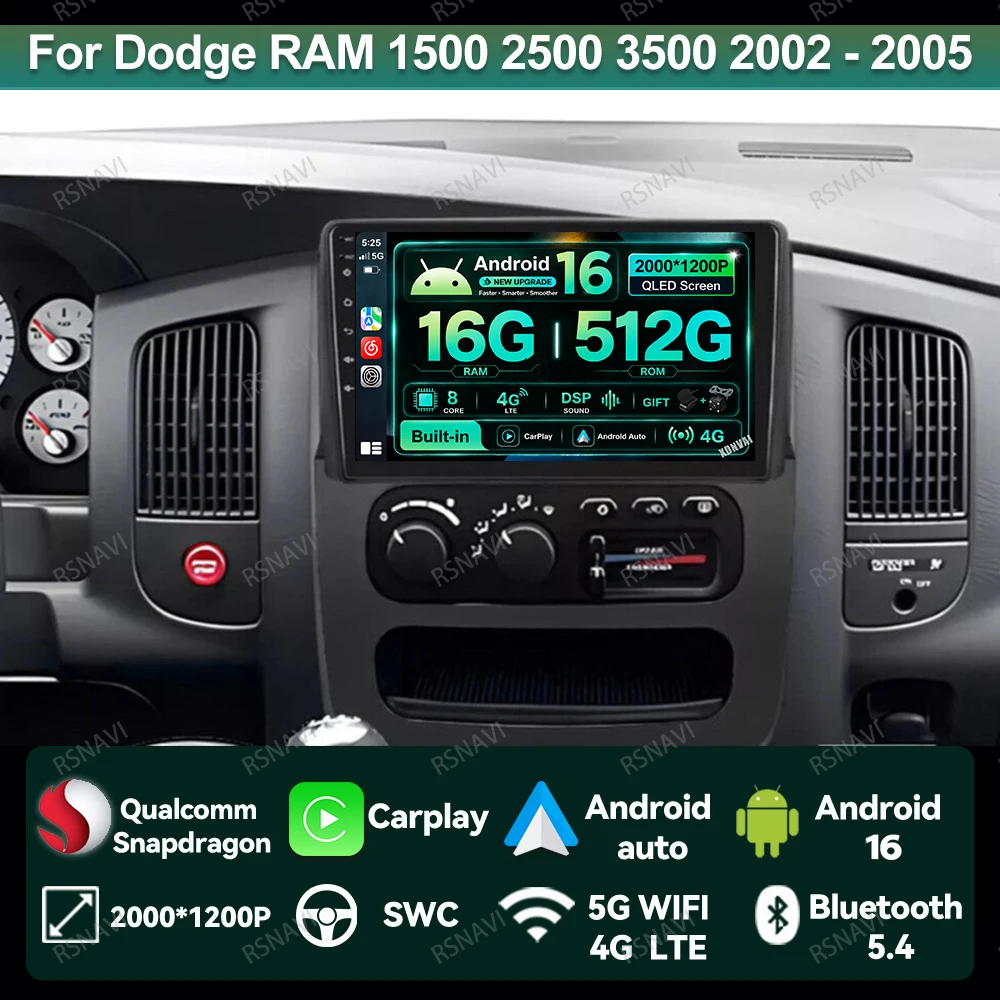 Android 16 Car Radio For Dodge RAM 1500 2500 3500 2002 2003 2004 2005 GPS Head Unit 5G WIFI Stereo Navigation DVD Viedo Player