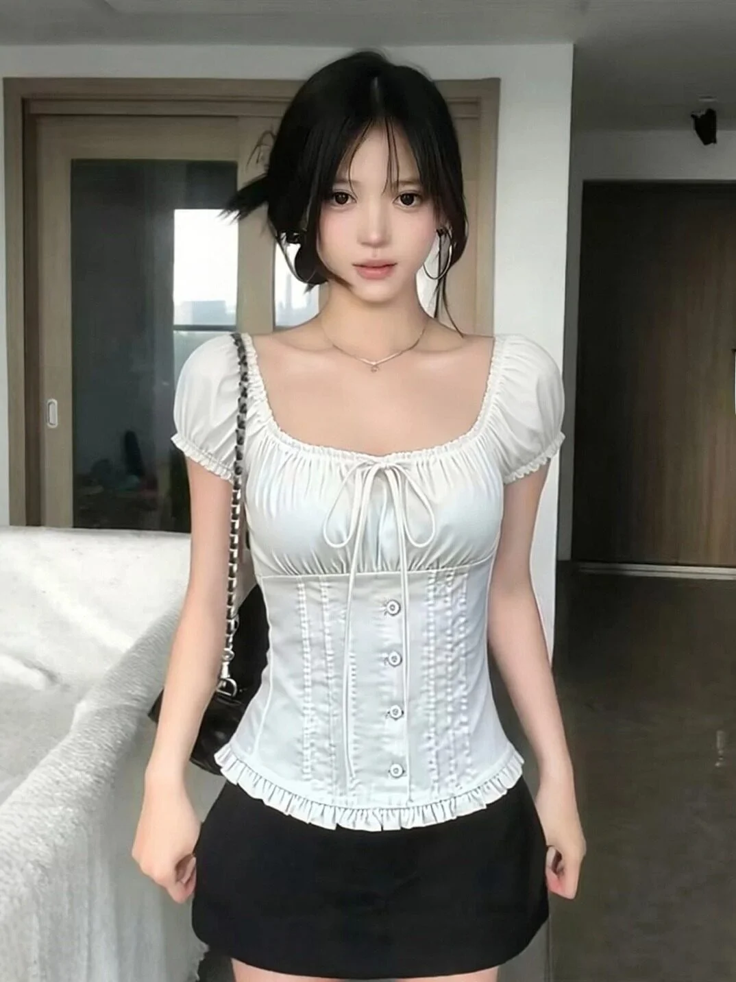 

Slim Fit Square Collar Short Sleeve Shirt Women's Summer Fashionable Bone Exposure Sexy Top Korean Style Commute Wind Shirt