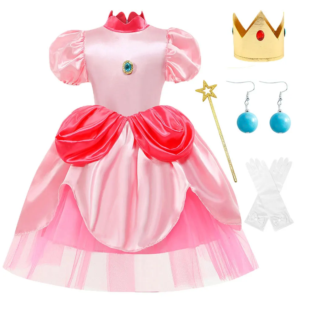 

Carnival Cosplay Costume Girl Pink Peach Princess Dress With Crown Gloves And Earrings Birthday Carnival Party Outfits 2-10Y