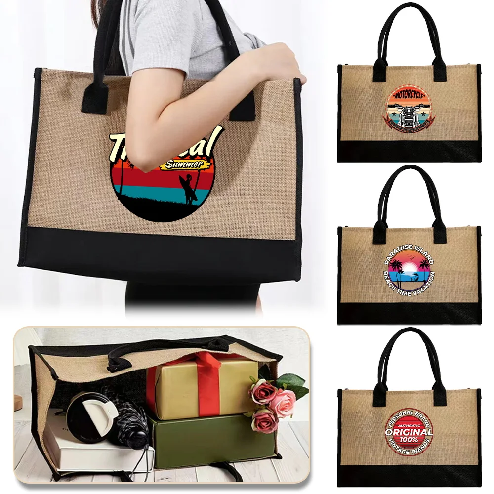 

Tote Bag Vintage Jute Shopping Bags Linen Tote Shopper Purses Summer Beach Handbags Portable Eco High Capacity Sunset Pattern