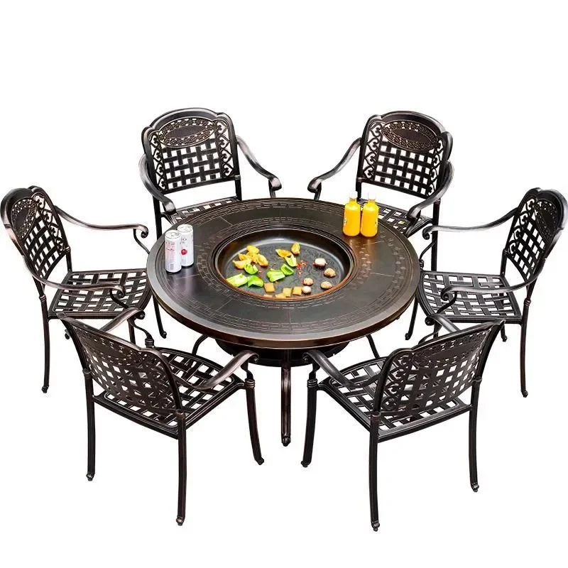 Outdoor Cast Aluminum Barbecue Table and Chairs Set Round Grill for Courtyard Balcony Household Commercial Use Full Set