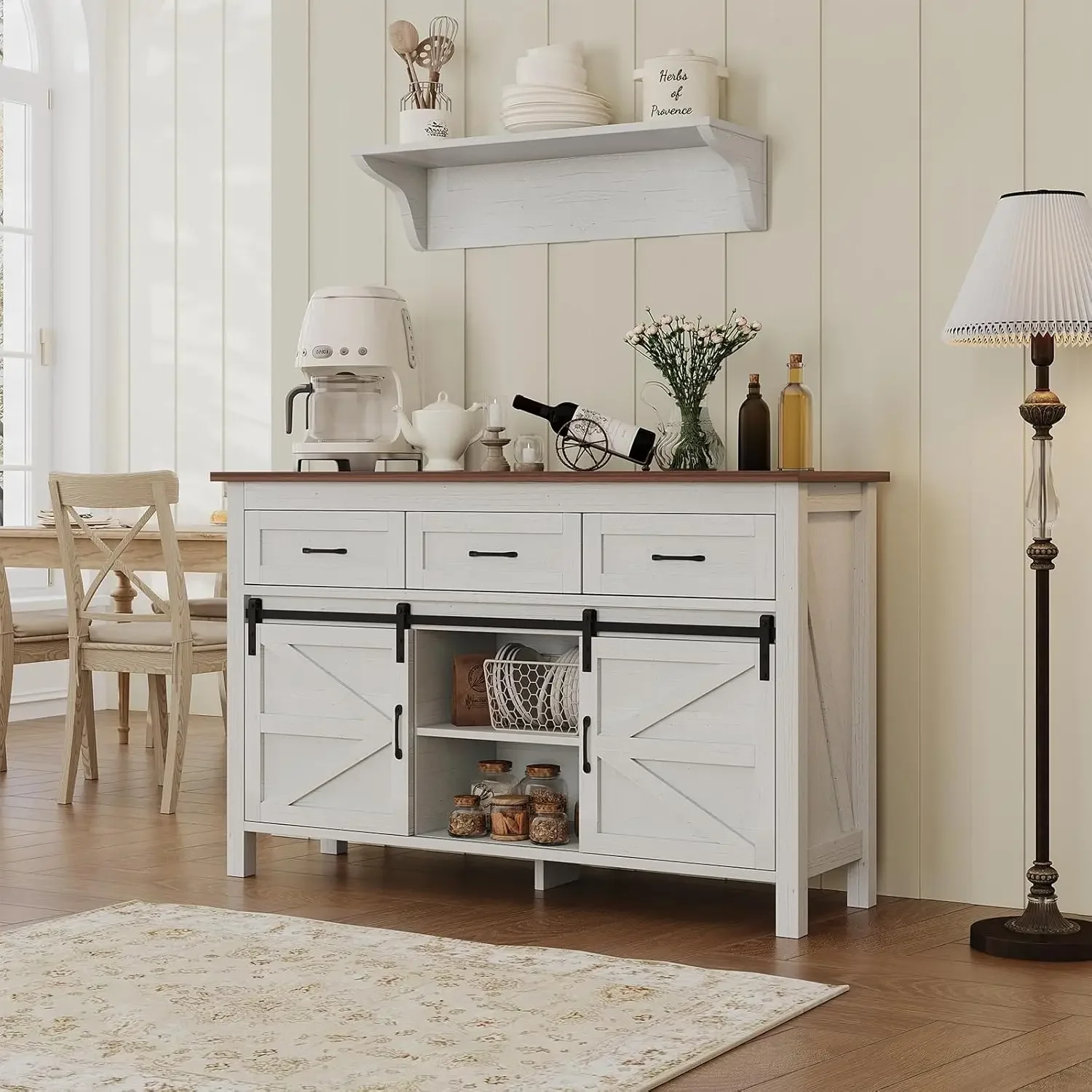 

Wooden Kitchen Coffee Bar Cabinet with Drawers, Rustic Large Buffet Sideboard with Sliding Barn Doors for Dining Room