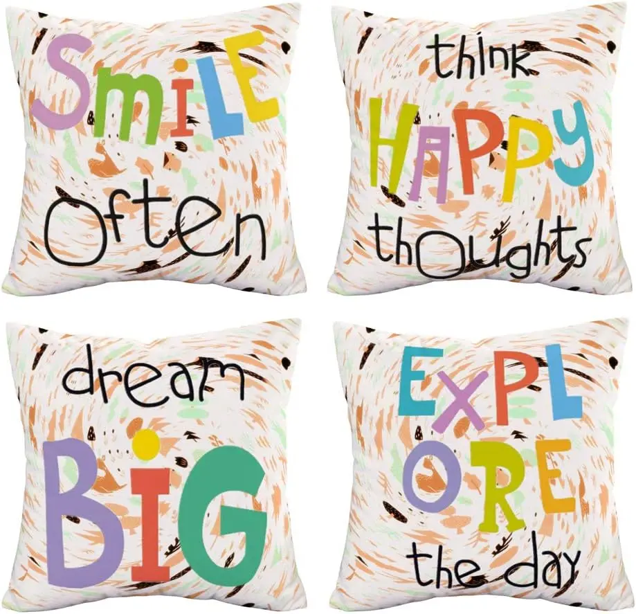 Aremetop Colorful Quotes Pillowcase Inspirational Words Decorative Throw Pillow Case for Sofa Bed Kids Boy Room Set of 4 45x45Cm