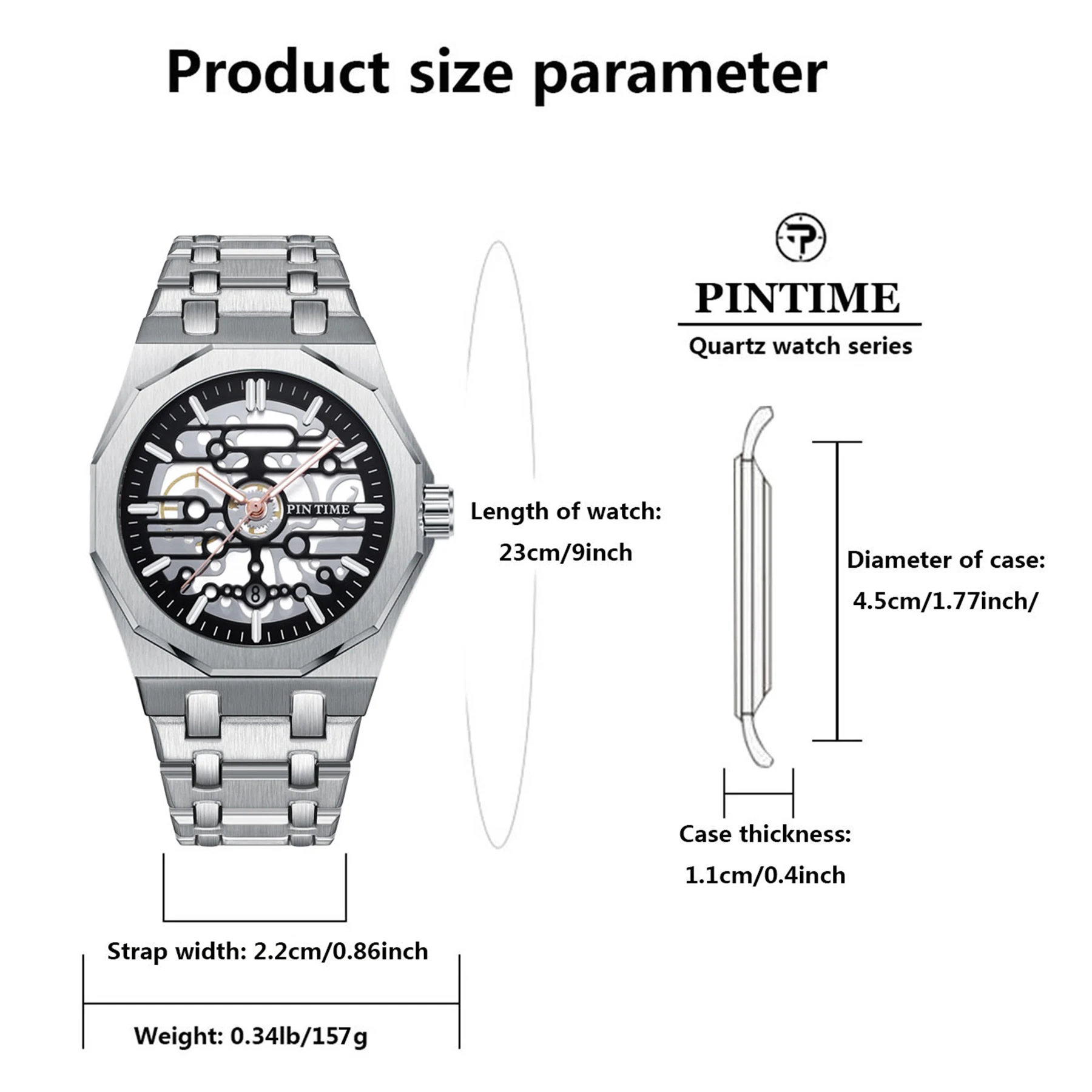 Men's Quartz Watch, Made of Quartz, 12-Sided Case with a Hollowed-Out Surface of Stainless Steel Strap, Large Dial Calendar Wris