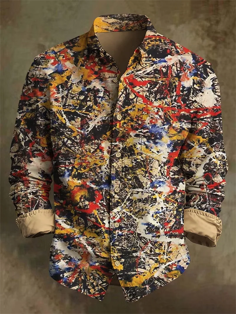 New Chinese style landscape plum blossom 3D printed men's long sleeved shirt with lapel collar casual shirt