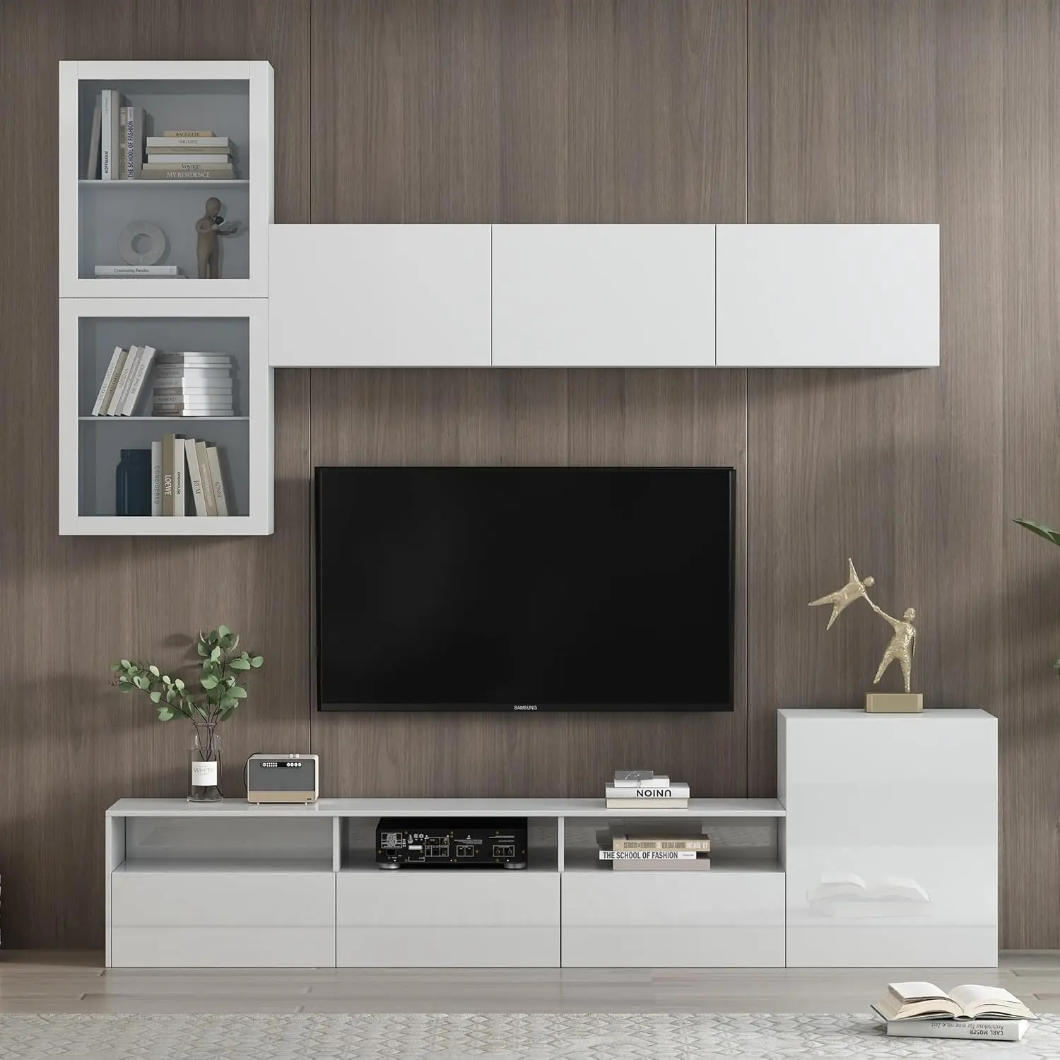 High Gloss TV Stand with Wall Mounted Floating Storage Cabinets, Media Console for Television Up