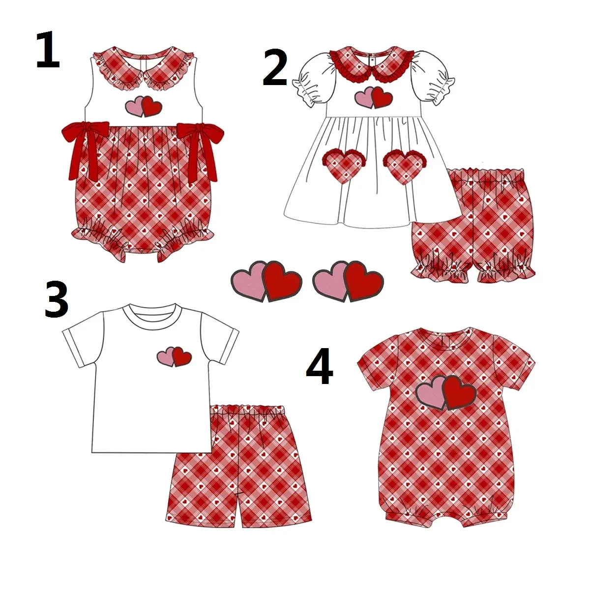 Hot Sale Valentine's Day Red Heart Print Short Sleeve Top Plaid Shorts Boutique Set and Bodysuit