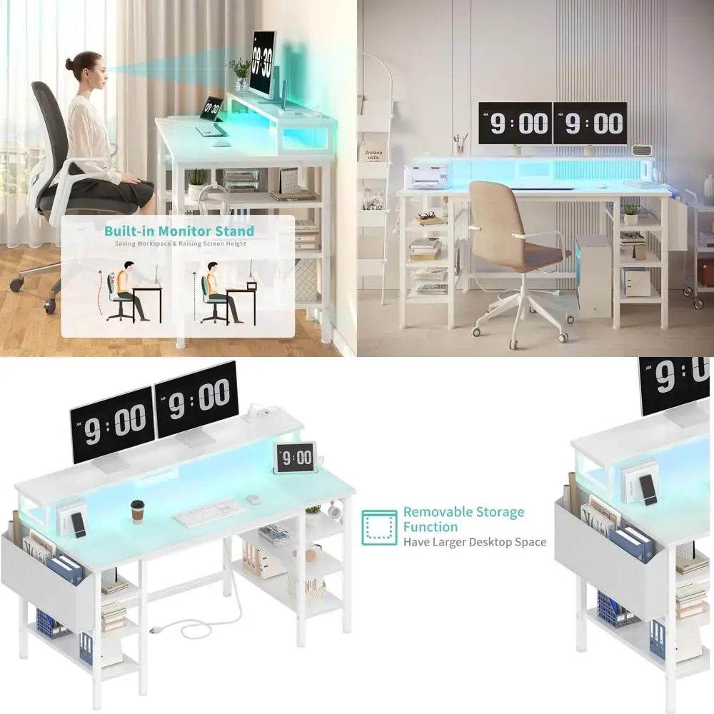 47 مكتب ألعاب للمكتب المنزلي باللون الأبيض مع أرفف تخزين وأضواء LED ومنافذ طاقة #1